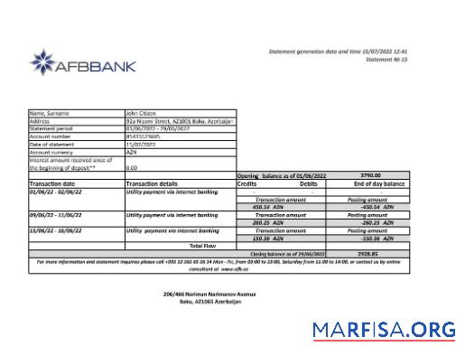 Printable Azerbaijan Afbbank bank statement excel version 2 real example